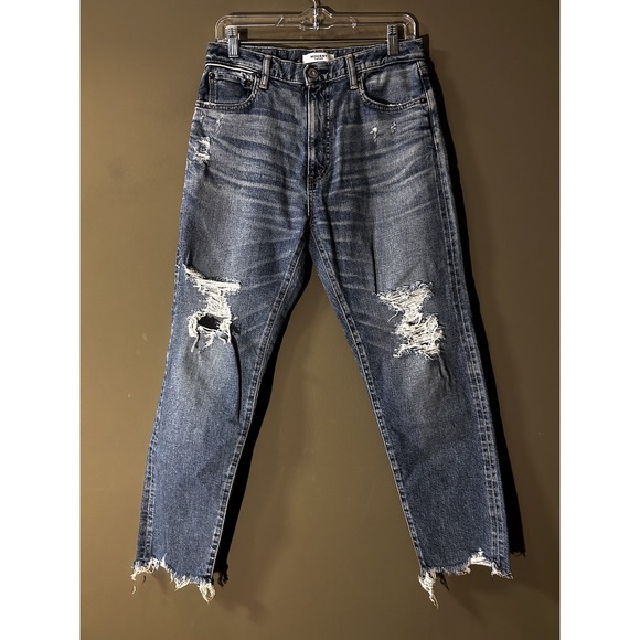 Moussy Vintage Women Selvedge Jeans Distressed High Rise Raw Hem Slim Crop 30x26 - Picture 1 of 12